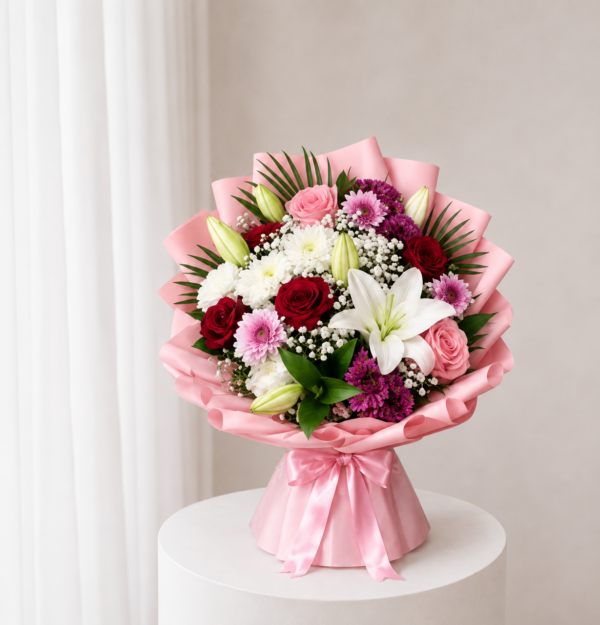 Lily Rose Bouquet with white lilies red roses and pink flowers