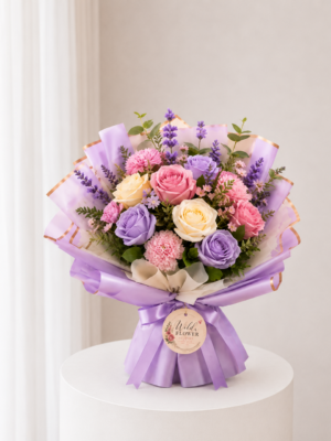 Lavender Blush Bouquet with purple pink and cream roses