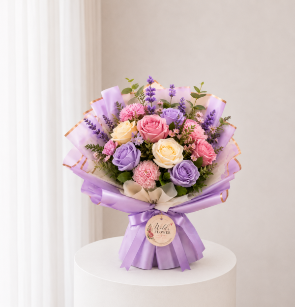 Lavender Blush Bouquet with purple pink and cream roses
