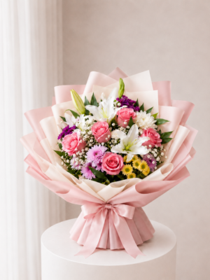 Pastel Garden Bouquet with pink roses white lilies and mixed flowers