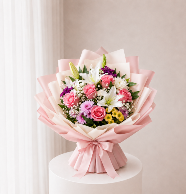 Pastel Garden Bouquet with pink roses white lilies and mixed flowers Pastel Garden Bouquet with pink roses white lilies and mixed flowers