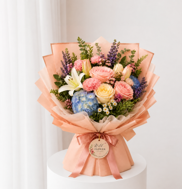 Peach Mixed Bouquet with roses white lilies blue hydrangea and peach wrapping