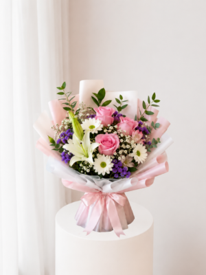 Pastel Lily Bouquet with white lilies pink roses and mixed flowers