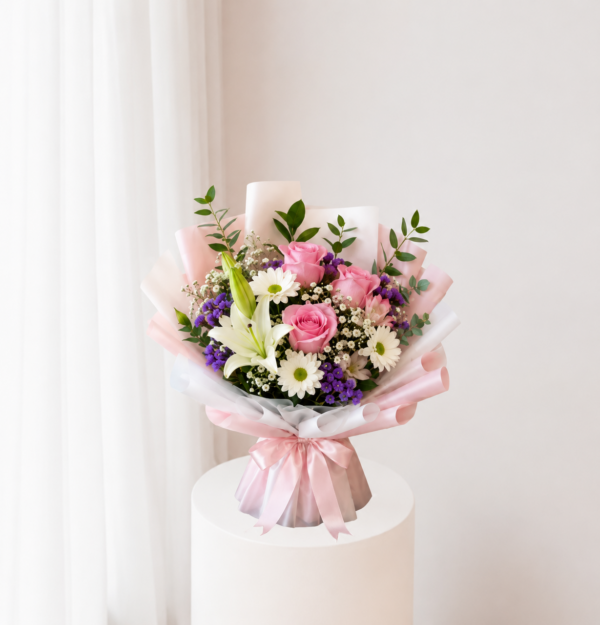 Pastel Lily Bouquet with white lilies pink roses and mixed flowers Pastel Lily Bouquet with white lilies pink roses and mixed flowers