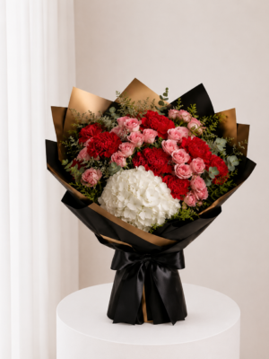 Crimson Hydrangea Bouquet with red pink flowers and white hydrangea Crimson Hydrangea Bouquet with red pink flowers and white hydrangea