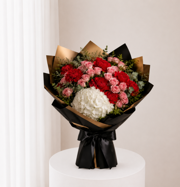 Crimson Hydrangea Bouquet with red pink flowers and white hydrangea