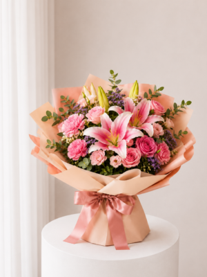 Blush Lily Bouquet with pink lilies roses and peach wrapping Blush Lily Bouquet with pink lilies roses and peach wrapping