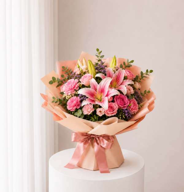 Blush Lily Bouquet with pink lilies roses and peach wrapping