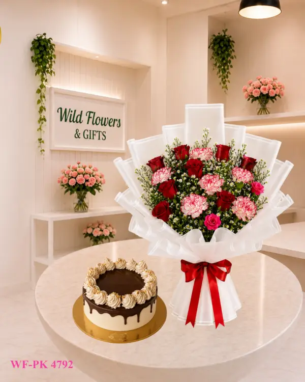 Red Pink Cake Gift with mixed flower bouquet and 500g customized cake