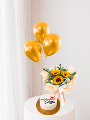 Sunflower Gift Combo Dubai with 3 gold balloons and 500g customized cake Sunflower Gift Combo Dubai with 3 gold balloons and 500g customized cake