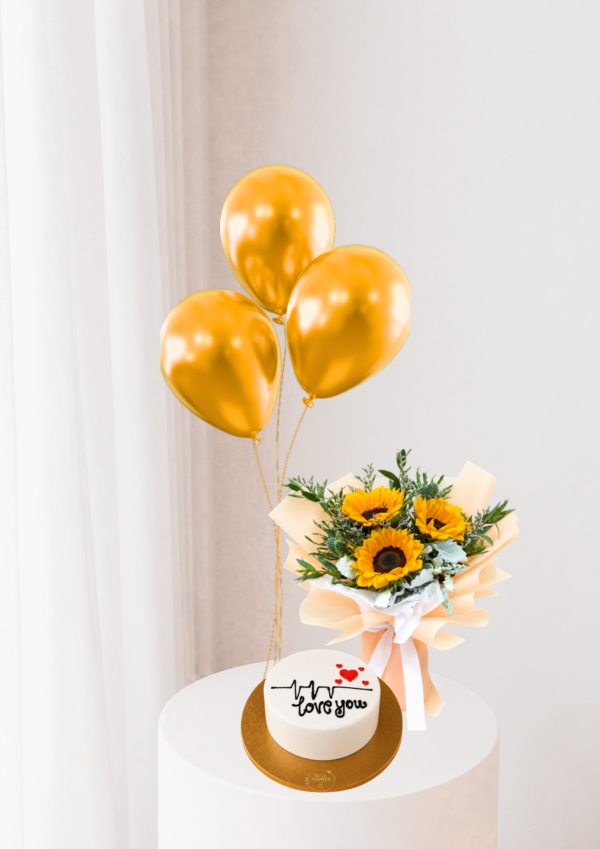 Sunflower Gift Combo Dubai with 3 gold balloons and 500g customized cake