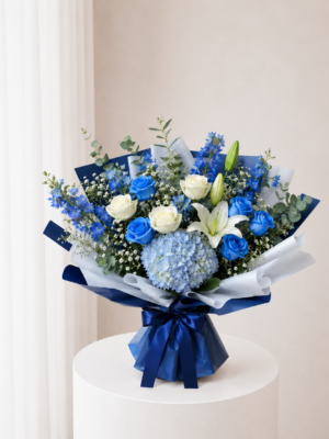 Hydrangea Lily Bouquet with blue hydrangea white lilies and roses Hydrangea Lily Bouquet with blue hydrangea white lilies and roses
