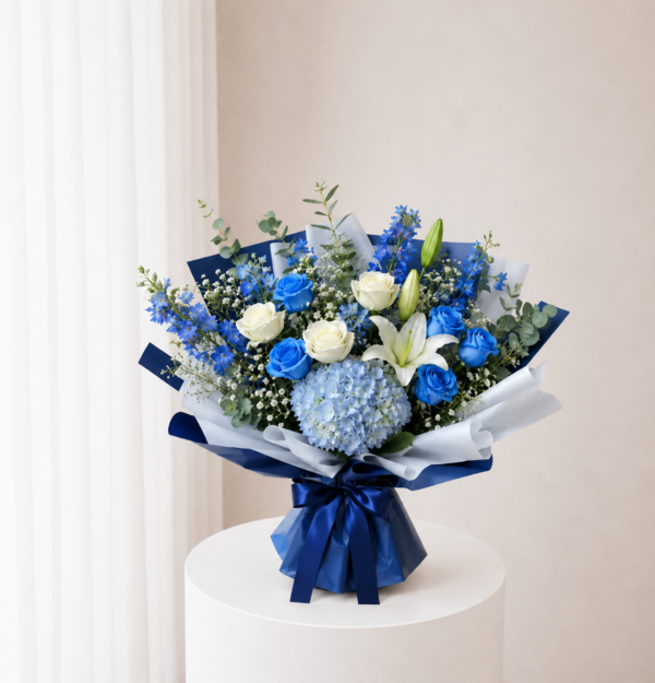 Hydrangea Lily Bouquet with blue hydrangea white lilies and roses Hydrangea Lily Bouquet with blue hydrangea white lilies and roses