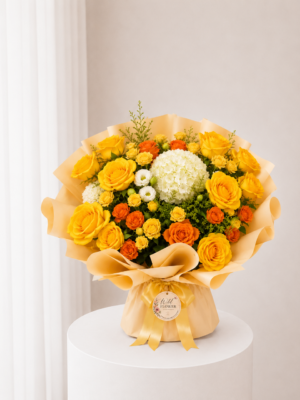 Golden Sunshine Bouquet with yellow roses and white hydrangea Golden Sunshine Bouquet with yellow roses and white hydrangea