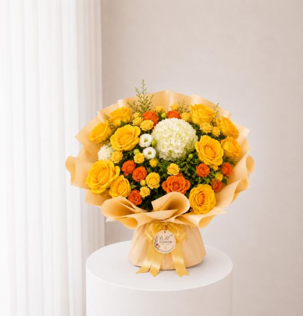 Golden Sunshine Bouquet with yellow roses and white hydrangea