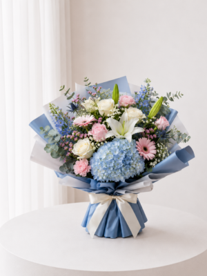 Blue Garden Harmony hydrangea lily and pink flower bouquet Blue Garden Harmony hydrangea lily and pink flower bouquet