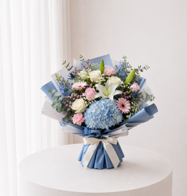 Blue Garden Harmony hydrangea lily and pink flower bouquet Blue Garden Harmony hydrangea lily and pink flower bouquet