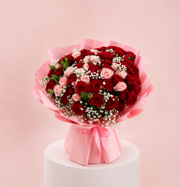 Red Pink Rose Baby's Breath Bouquet