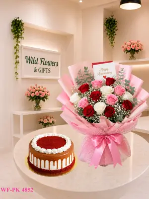 Blush Flower Cake Gift with red pink white bouquet and 500g customized cake Blush Flower Cake Gift with red pink white bouquet and 500g customized cake