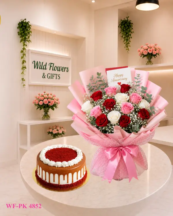 Blush Flower Cake Gift with red pink white bouquet and 500g customized cake