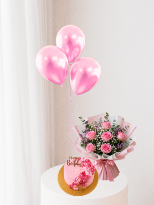 Pink Birthday Gift Set with 6 pink rose stems 3 pink balloons and 500g customized birthday cake Pink Birthday Gift Set with 6 pink rose stems 3 pink balloons and 500g customized birthday cake