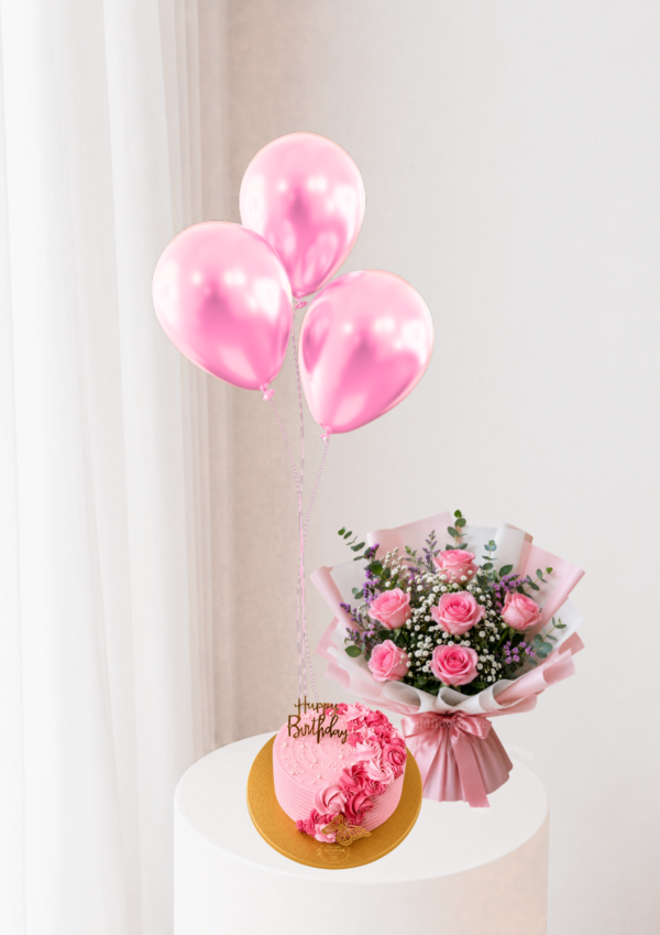 Pink Birthday Gift Set with 6 pink rose stems 3 pink balloons and 500g customized birthday cake