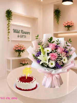 Pastel Flower Cake Dubai with mixed pink white purple bouquet and 500g customized cake Pastel Flower Cake Dubai with mixed pink white purple bouquet and 500g customized cake