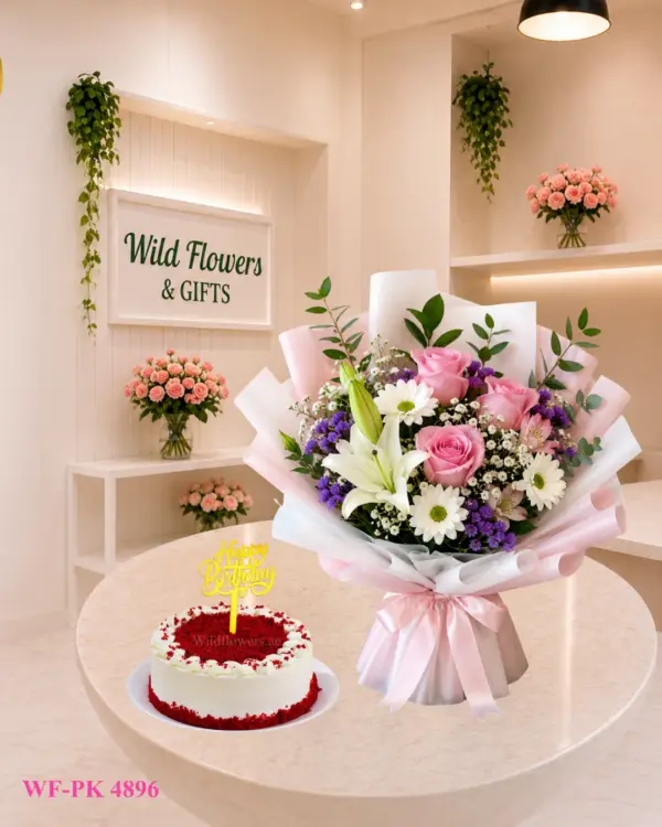 Pastel Flower Cake Dubai with mixed pink white purple bouquet and 500g customized cake Pastel Flower Cake Dubai with mixed pink white purple bouquet and 500g customized cake