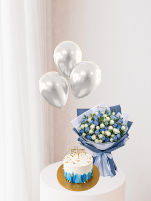Blue Birthday Gift Dubai with 20 stems spray roses 3 silver balloons and 500g customized cake Blue Birthday Gift Dubai with 20 stems spray roses 3 silver balloons and 500g customized cake