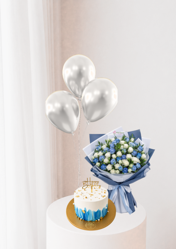 Blue Birthday Gift Dubai with 20 stems spray roses 3 silver balloons and 500g customized cake Blue Birthday Gift Dubai with 20 stems spray roses 3 silver balloons and 500g customized cake