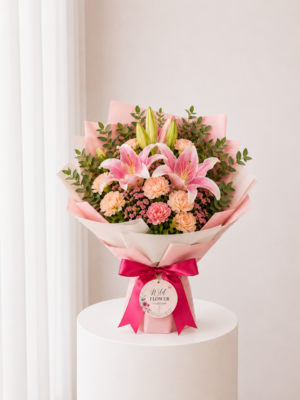 Blush Lily Garden pink lily and peach flower bouquet Blush Lily Garden pink lily and peach flower bouquet