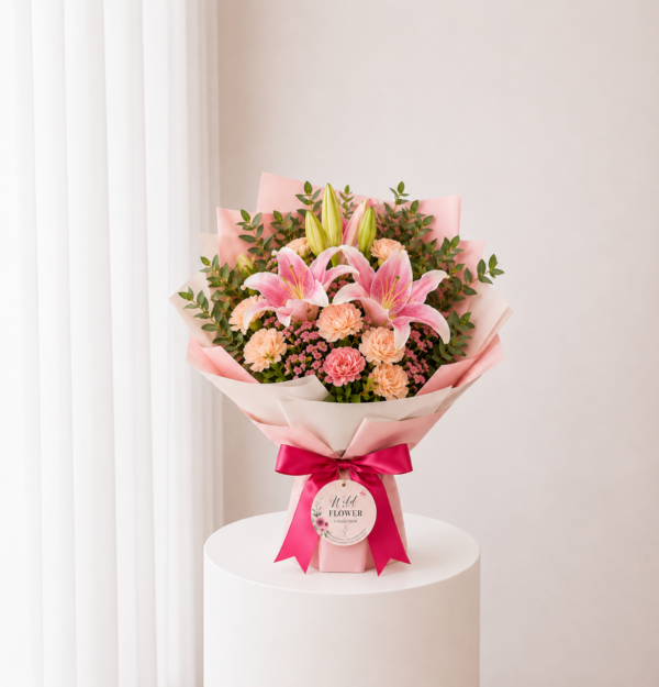 Blush Lily Garden pink lily and peach flower bouquet Blush Lily Garden pink lily and peach flower bouquet