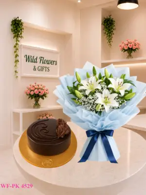 White Lily Duo with white lily bouquet and chocolate cake White Lily Duo with white lily bouquet and chocolate cake