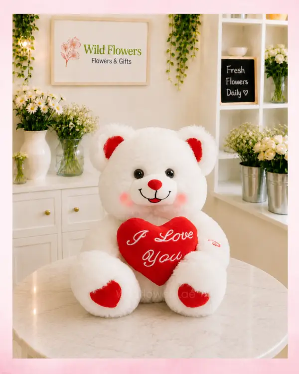 White Love Teddy holding red I Love You heart gift White Love Teddy holding red I Love You heart gift