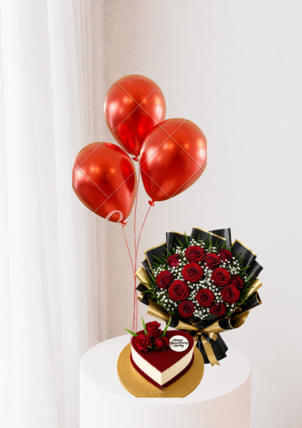 Red Rose Anniversary Combo with 13 red roses 3 red balloons and 500g customized heart cake