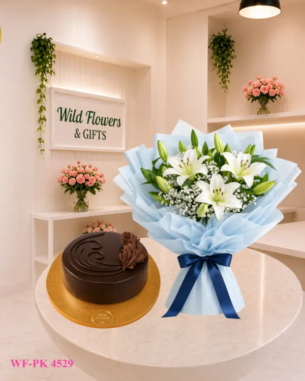 White Lily Duo with white lily bouquet and chocolate cake