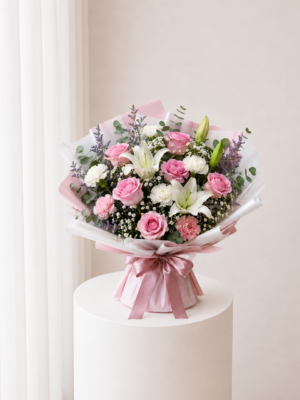 Pink Garden Bouquet with pink roses white flowers and greenery