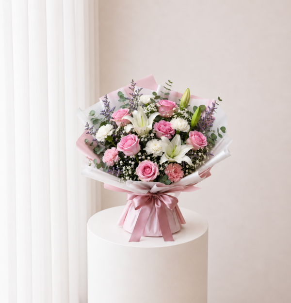 Pink Garden Bouquet with pink roses white flowers and greenery