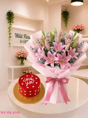 Pink Lily Cake Dubai with 6 pink lilies and 500g customized cake Pink Lily Cake Dubai with 6 pink lilies and 500g customized cake