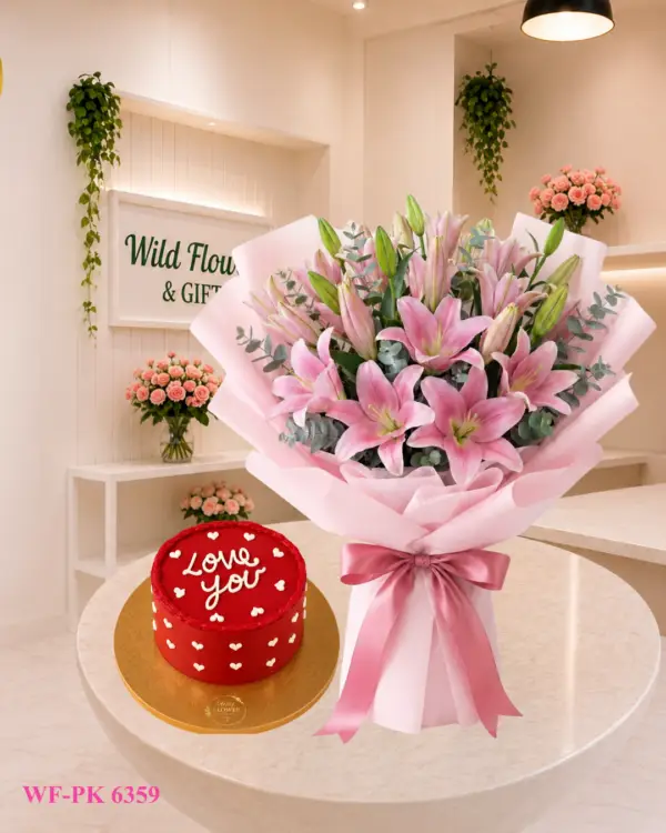 Pink Lily Cake Dubai with 6 pink lilies and 500g customized cake Pink Lily Cake Dubai with 6 pink lilies and 500g customized cake