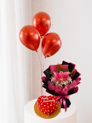 Anniversary Flower Gift Set Anniversary Flower Gift Set Dubai with Pink Lilies Cake and Red Balloons