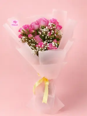 Pink Rose Gypsophila Bouquet with Fresh Flowers Pink Rose Gypsophila Bouquet with Fresh Flowers