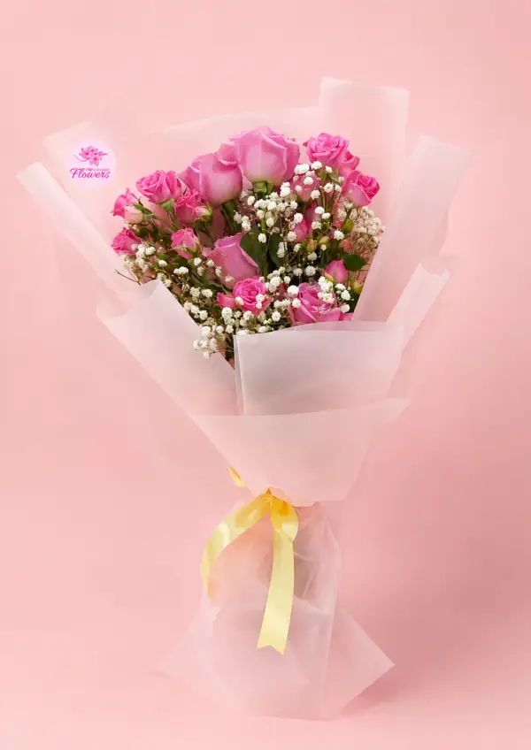 Pink Rose Gypsophila Bouquet with Fresh Flowers