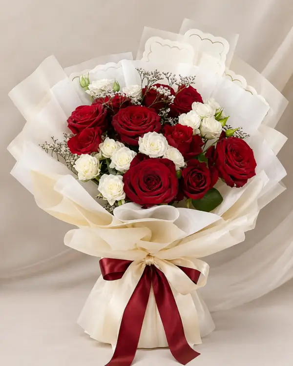 To post 13 Red White Rose Bouquet