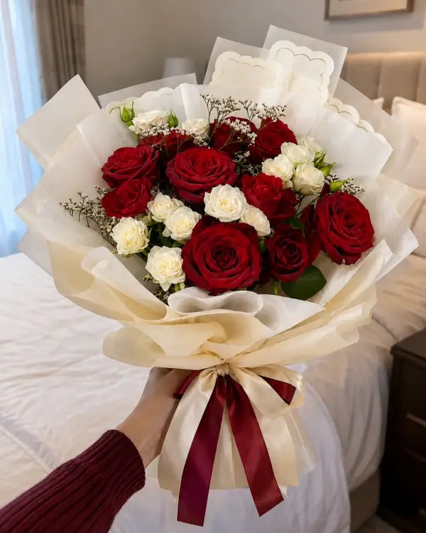 To post 19 Red White Rose Bouquet