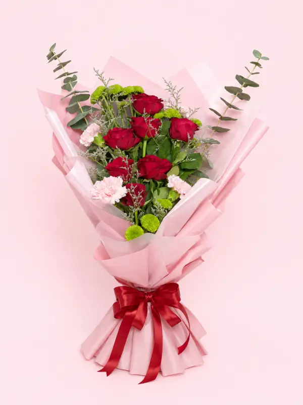 Red Rose Eucalyptus Bouquet with Fresh Red Roses