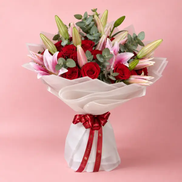 Red Rose Pink Lily Bouquet