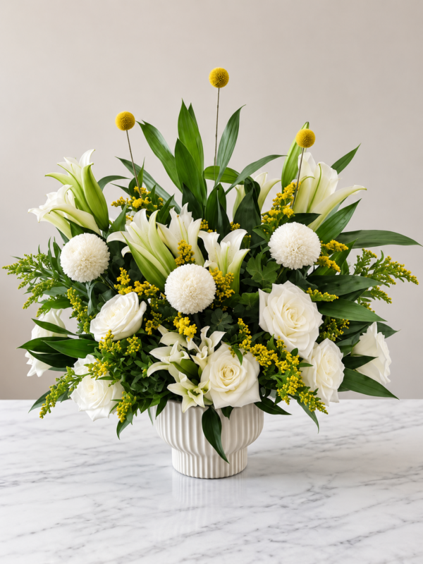 White Lily Arrangement Dubai with white roses yellow accents and fresh greenery White Lily Arrangement Dubai with white roses yellow accents and fresh greenery