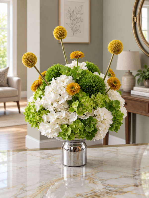 Hydrangea Centerpiece Dubai with white green flowers and yellow accents Hydrangea Centerpiece Dubai with white green flowers and yellow accents