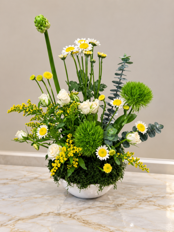 Garden Harmony Dubai green white and yellow fresh flower centerpiece Garden Harmony Dubai green white and yellow fresh flower centerpiece